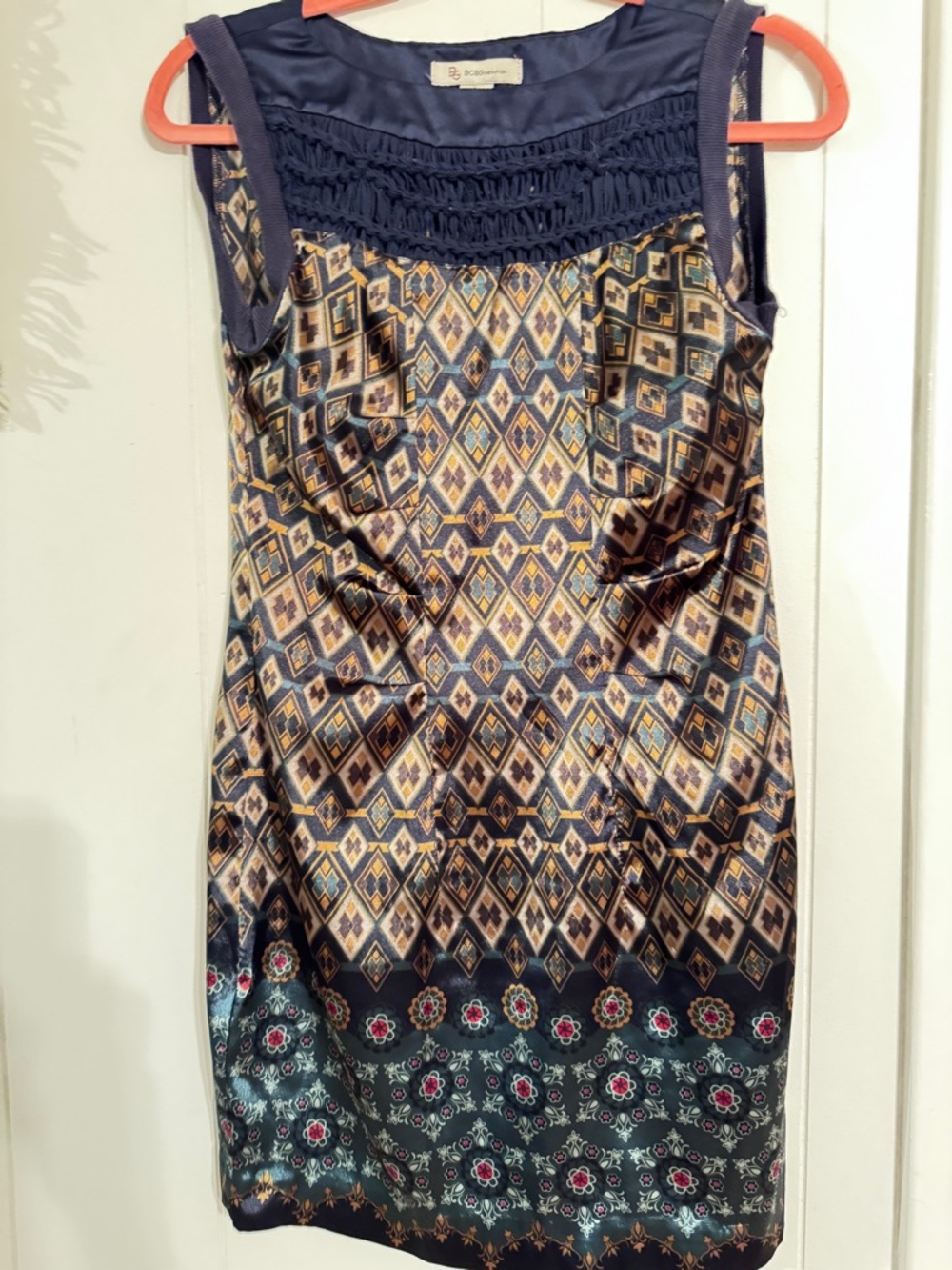 BCBGMaxAzria Navy and Gold Floral-Trim Satin Dress